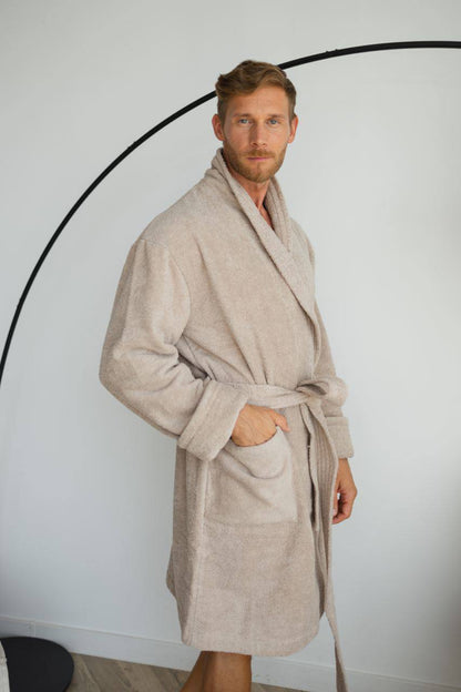 Чоловічий халат (натуральна махра) + рушник Бежевий