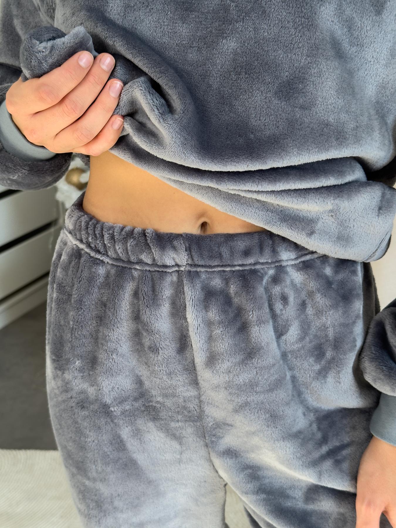 Жіноча тепла піжама з велсофту, сіра, з манжетами на рукавах і штанах, Теплик