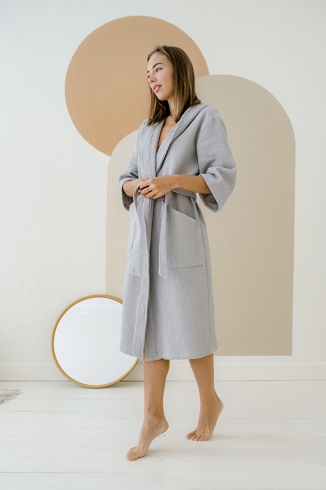 Жіночий вафельний халат з капюшоном, сірий, 100% бавовна
