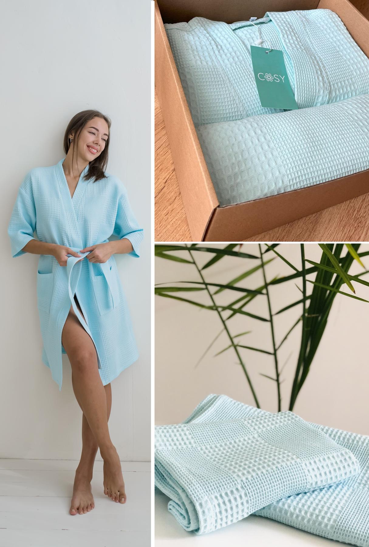 Жіночий подарунковий набір Мозаїка ментол: халат і рушник з вафельної бавовни