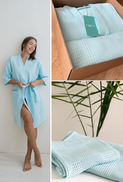 Жіночий подарунковий набір Мозаїка ментол: халат і рушник з вафельної бавовни