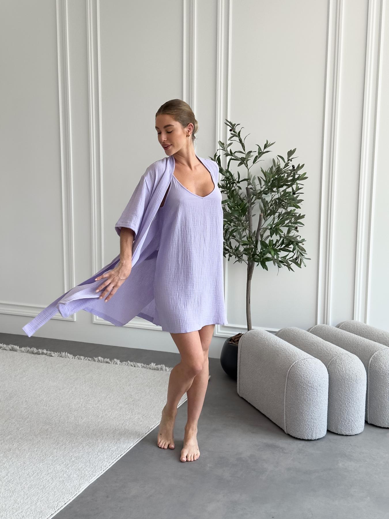Жіночий подарунковий набір Лаванда: халат і сорочка з мусліну, лавандовий колір