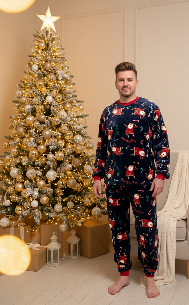 Чоловіча тепла піжама з велсофту "Santa", комплект сорочка і штани темно-синій з принтом Санта