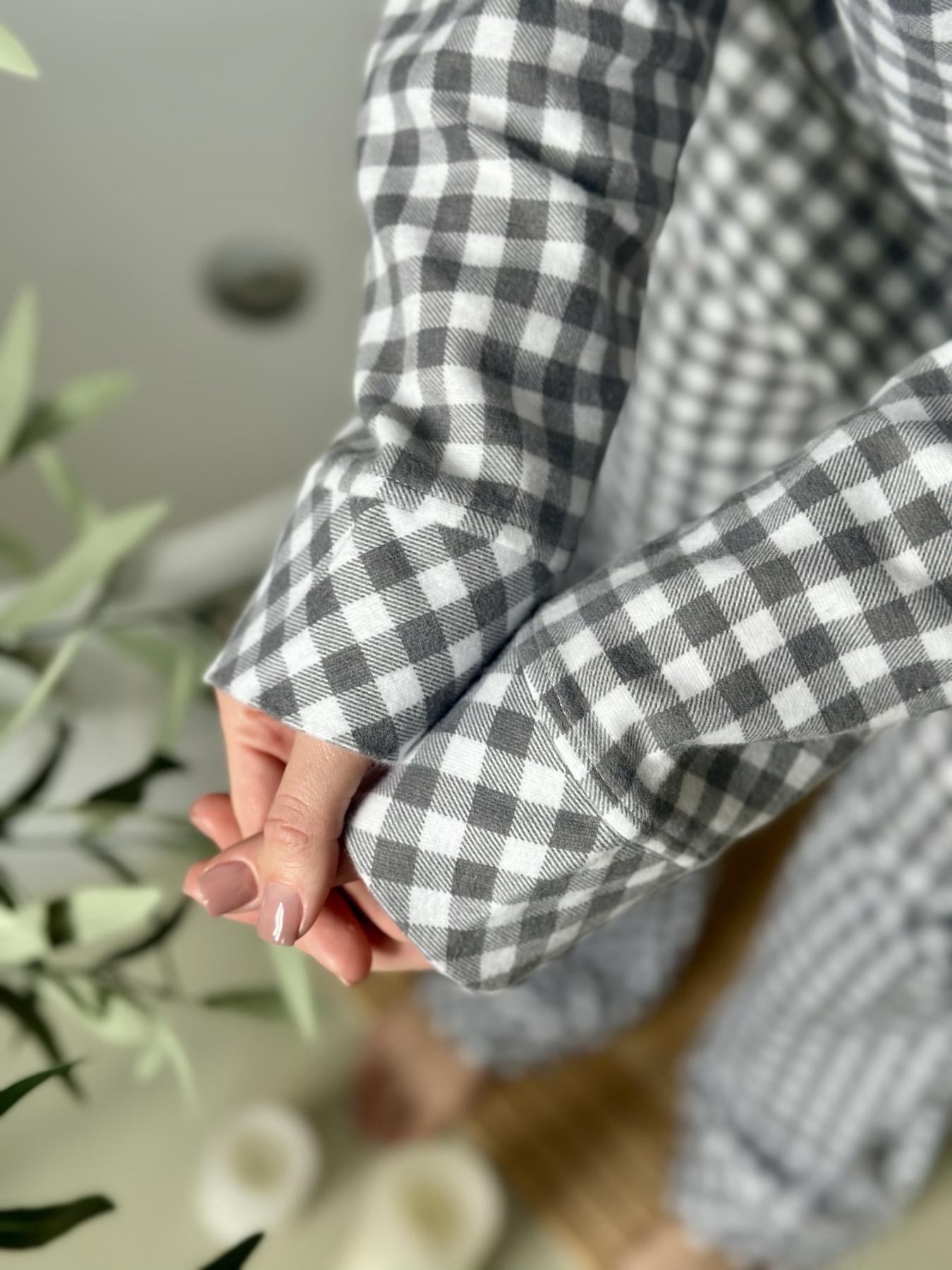 Жіноча піжама з фланелі, сіро-біла клітинка, комплект сорочка і штани