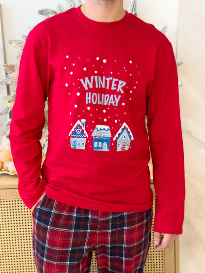 Чоловіча тепла піжама Winter Holiday червоно-синя клітинка з начосом