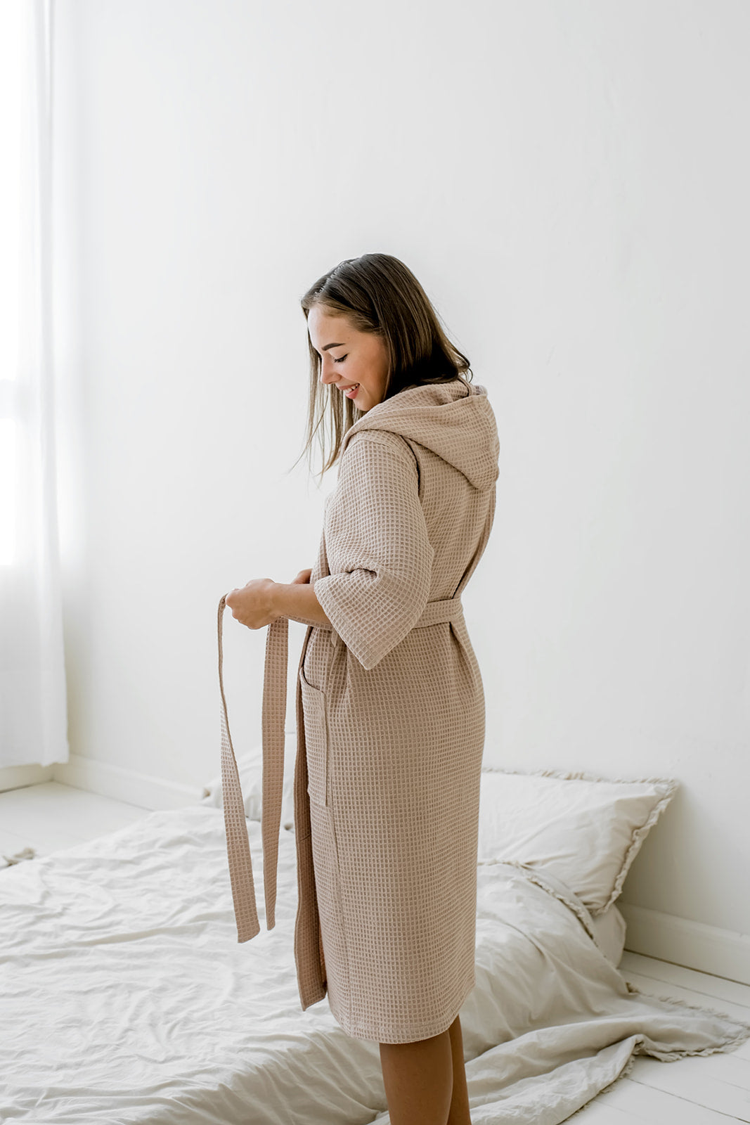 Жіночий вафельний халат із капюшоном, беж, бавовна