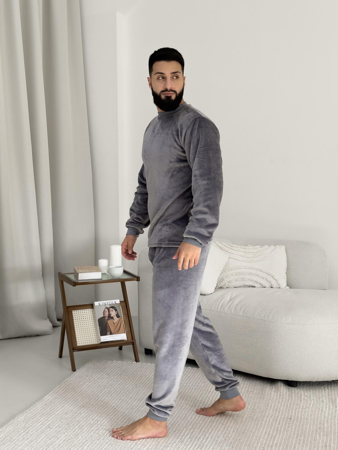 Чоловіча тепла піжама з велсофту сірого кольору з манжетами