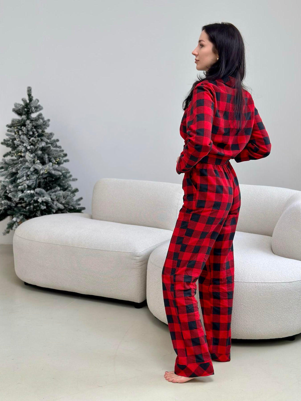 Домашня жіноча піжама у клітинку червоно/чорна (сорочка+штани), фланель — фото 5