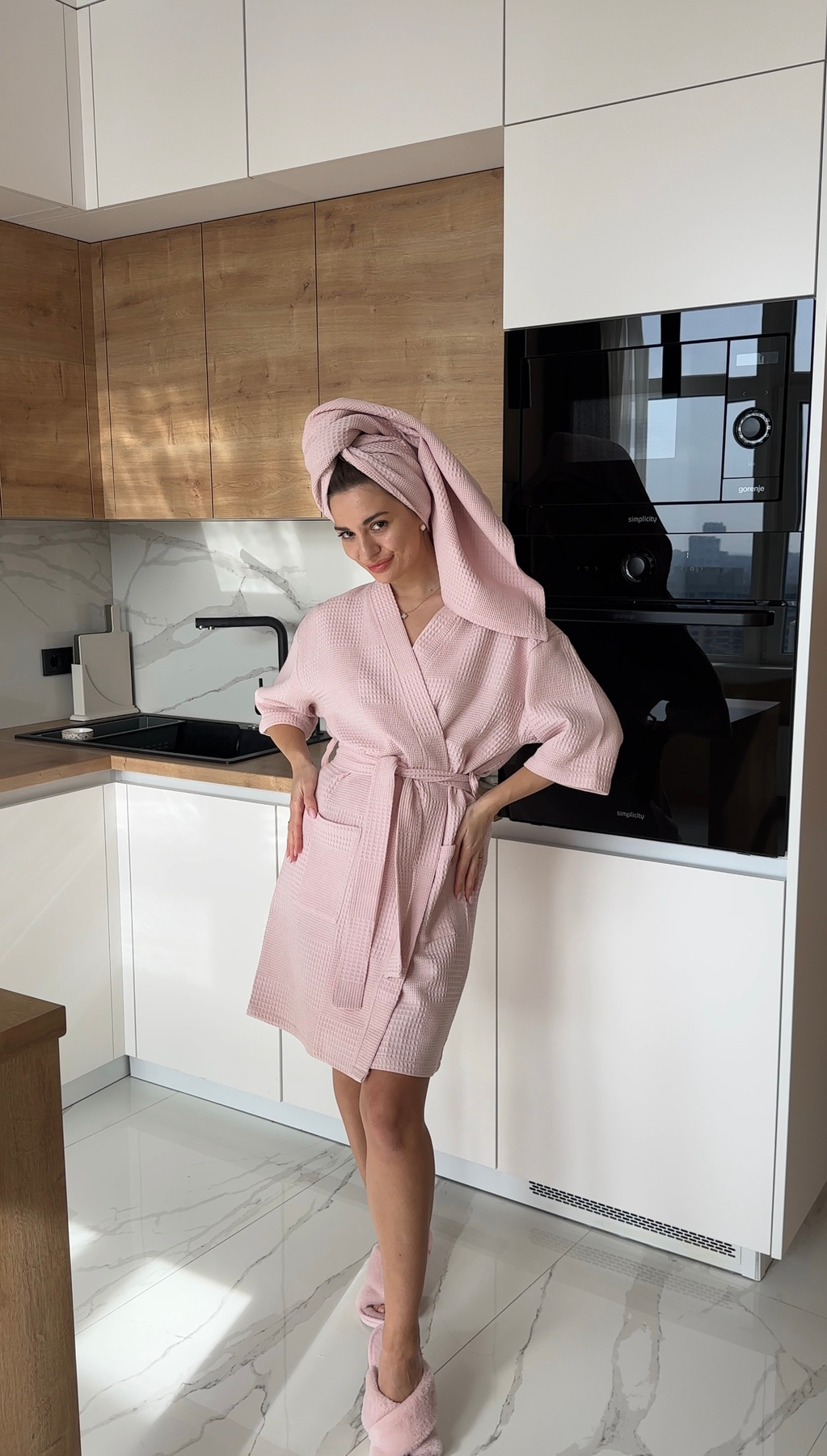 Жіночий подарунковий набір Мозаїка з халатом і рушником у коробці, колір пудра