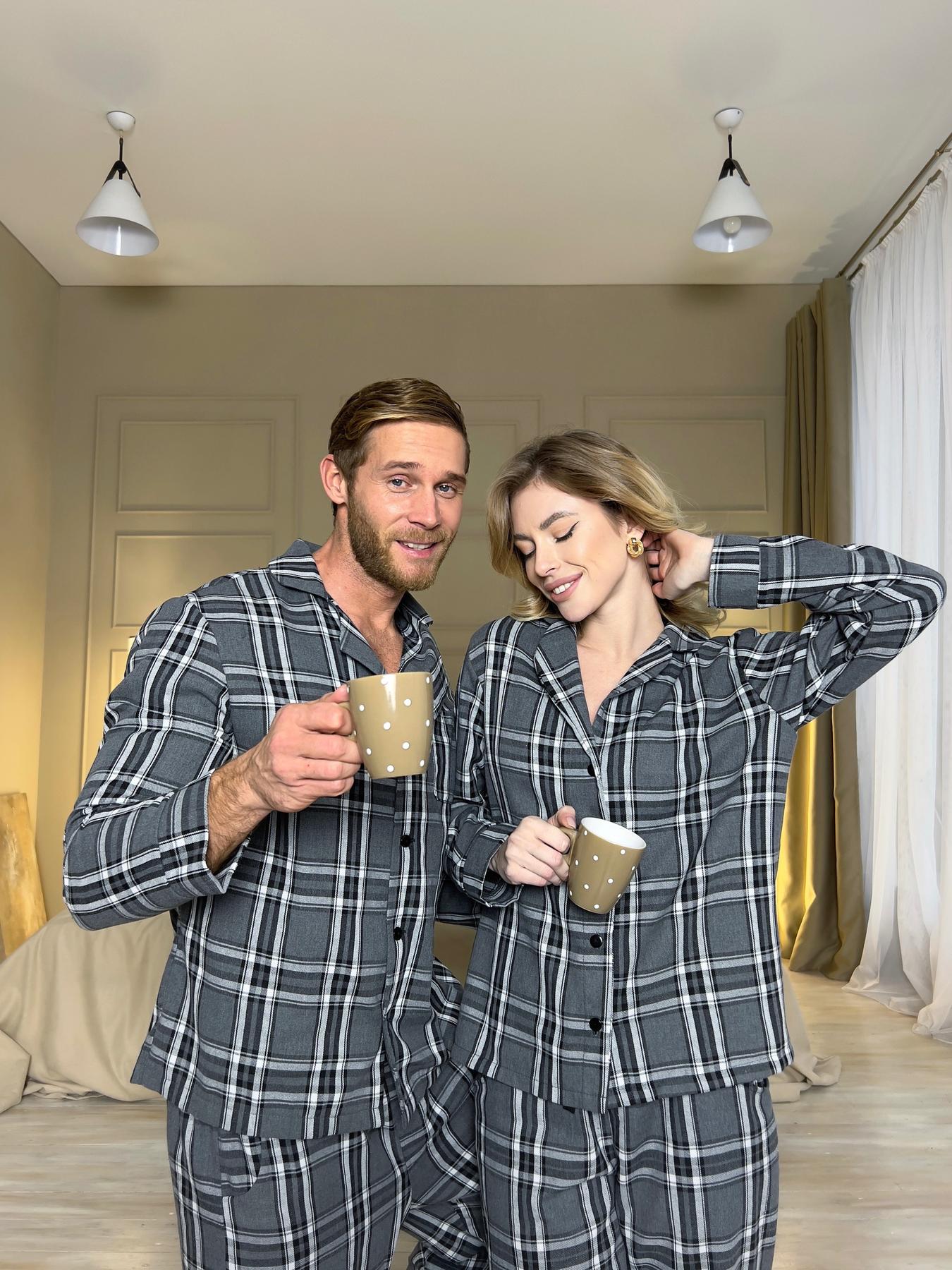 Жіноча піжама з фланелі у сіро-чорну клітинку, комплект сорочка і штани