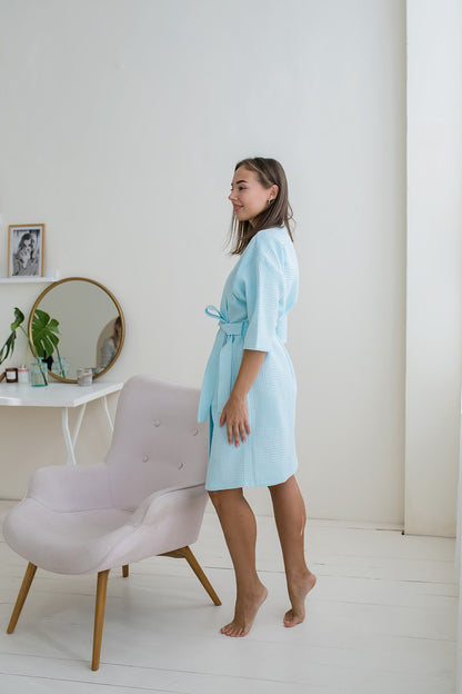 Жіночий вафельний халат-кімоно з бавовни ментольового кольору