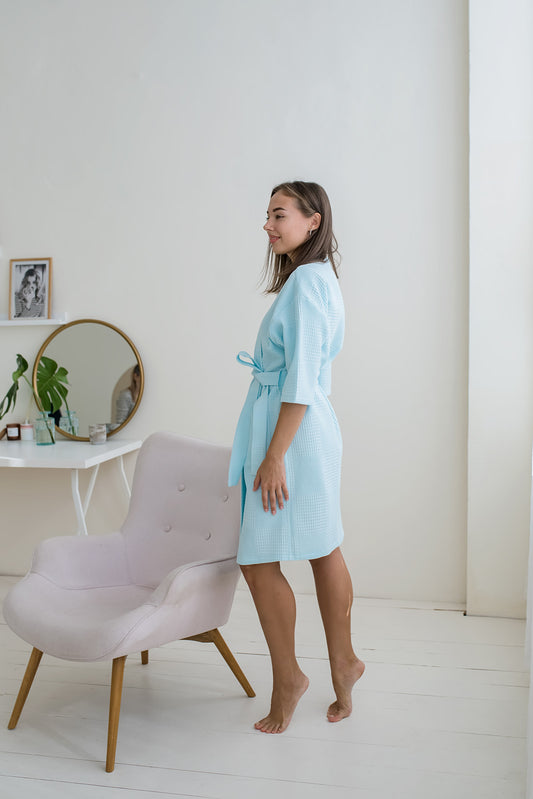 Жіночий вафельний халат-кімоно з бавовни ментольового кольору