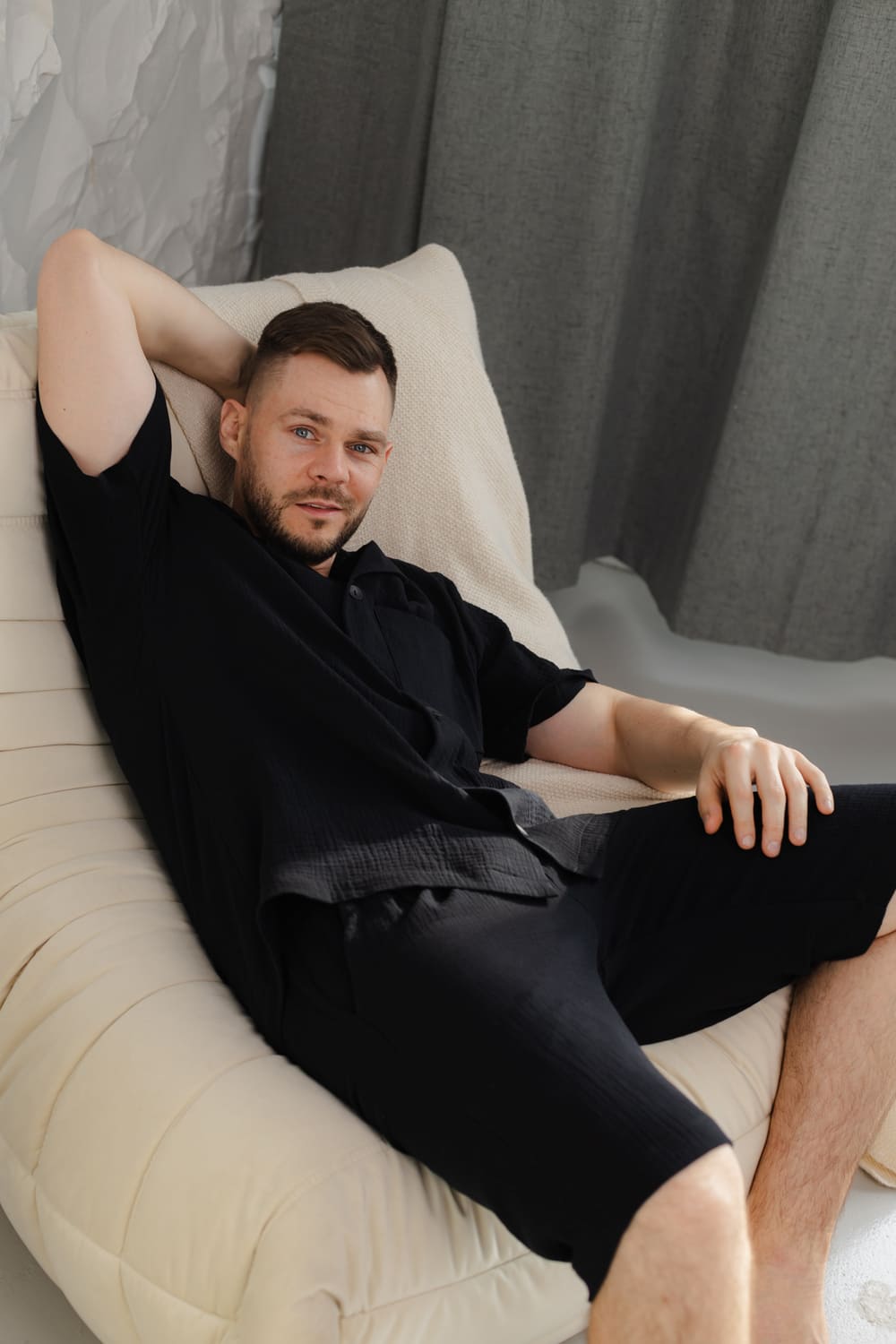 Чоловіча піжама з мусліну, комплект сорочка і шорти, літній домашній костюм. 
