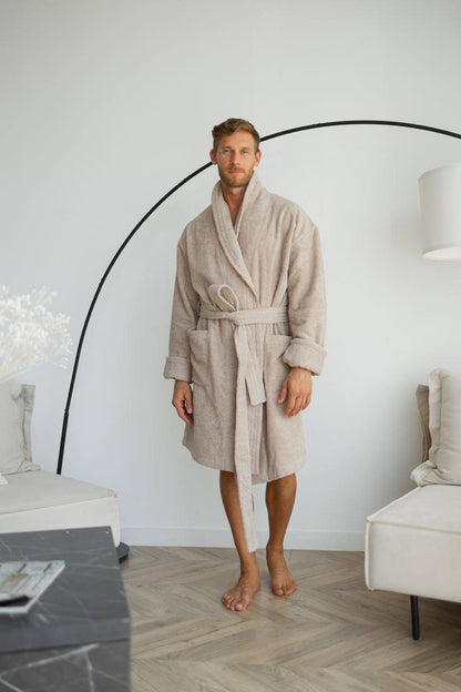 Чоловічий халат (натуральна махра) + рушник Бежевий