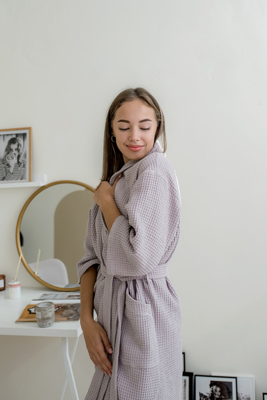 Жіночий вафельний халат з шалевим коміром, лавандово-сірий