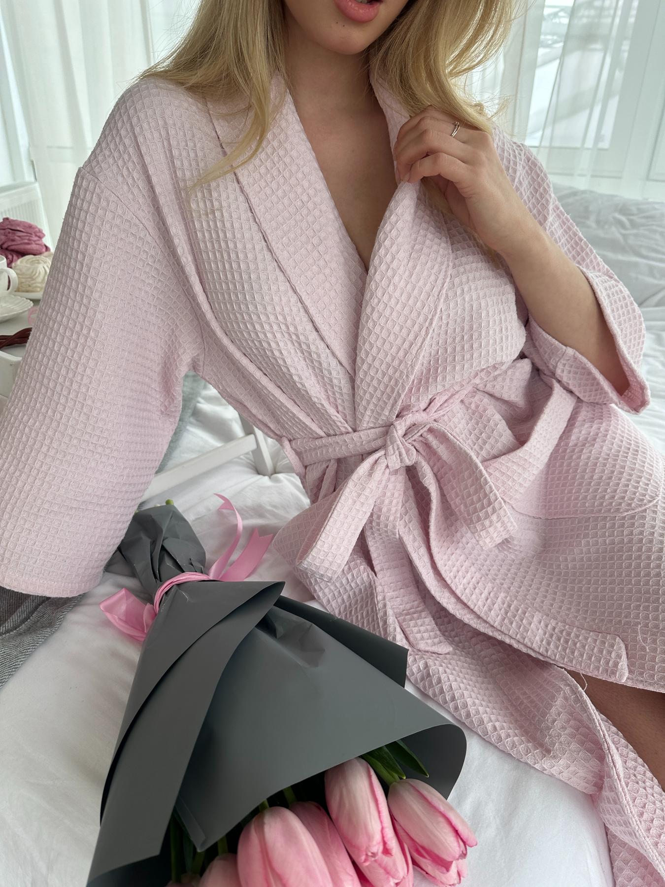 Жіночий довгий вафельний халат із шалевим коміром, світло-ліловий