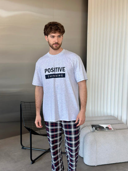 Піжама чоловіча комплект Positive thinking (штани+футболка), трикотаж сірий — купити в Україні