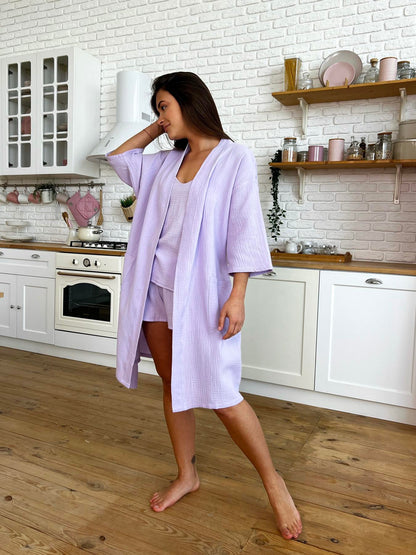 Жіночий подарунковий набір Лаванда халат і піжама з мусліну, комплект 2в1, лавандовий туман