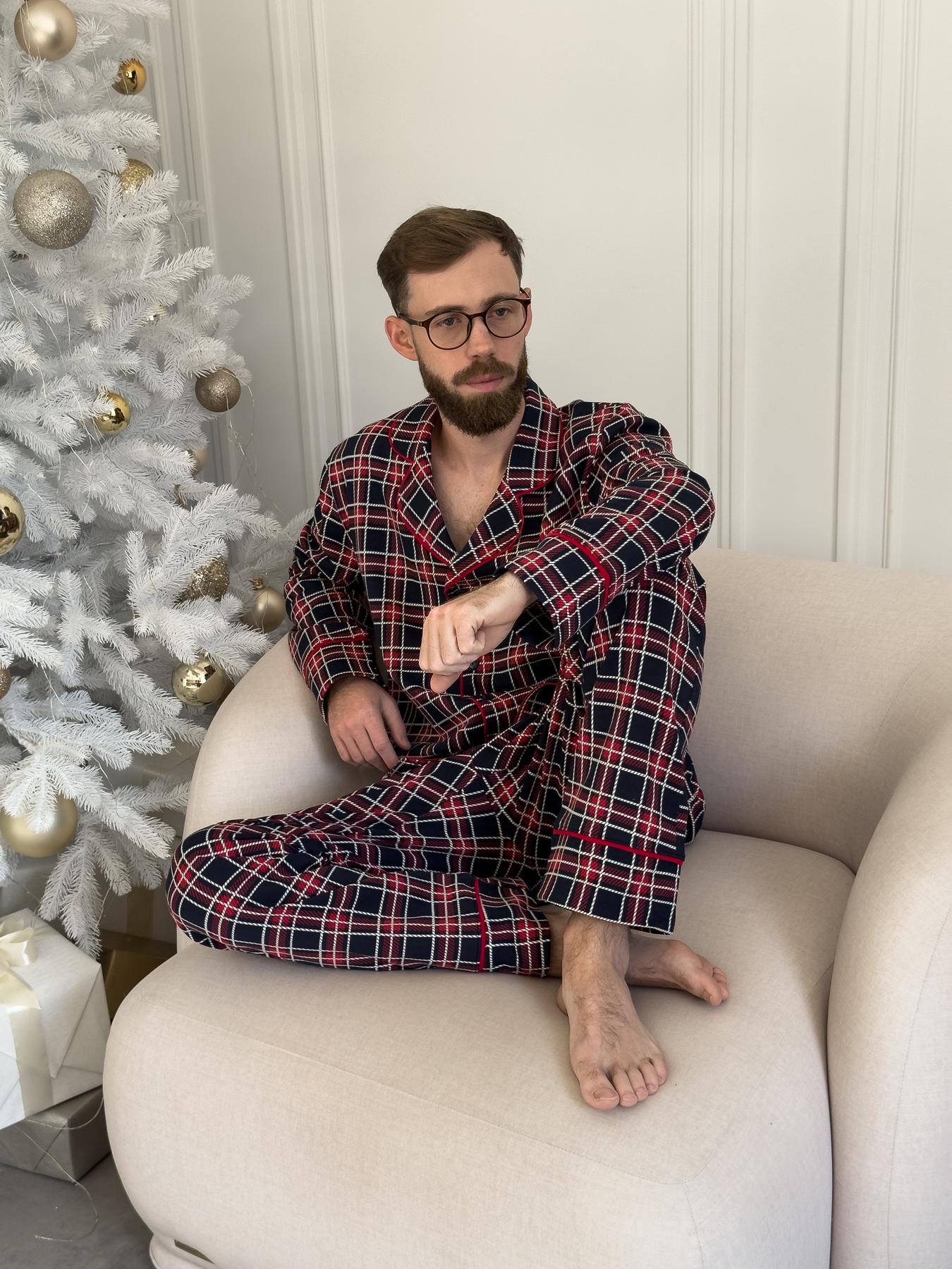 Чоловіча тепла піжама з футеру на ґудзиках з начосом червоно-синя клітинка, комплект сорочка і штани Oxford