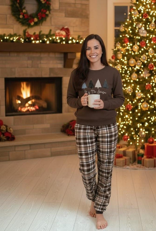Жіноча тепла піжама “Святковий Затишок”, комплект свитшот і штани шоколадний колір з клітинкою