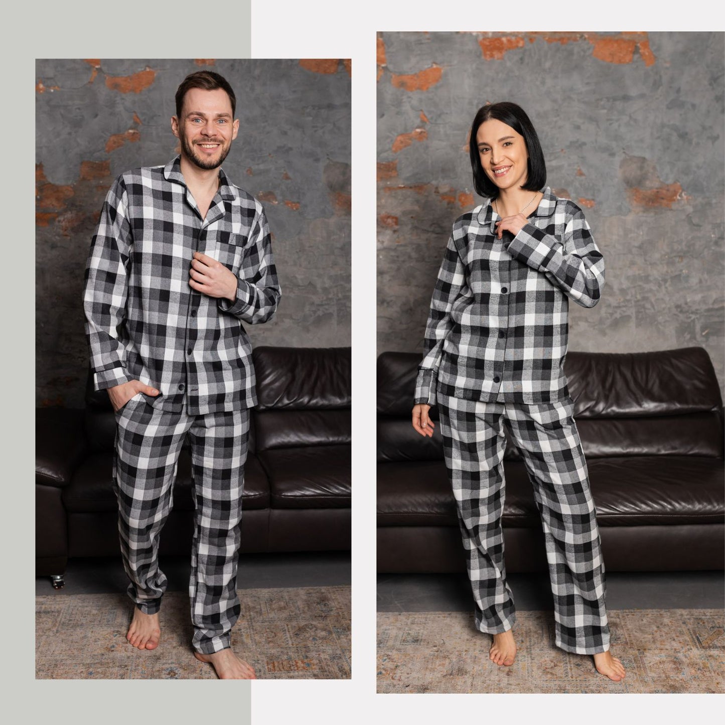 Парні піжами в клітинку фемілі лук з байки. Колір білий з чорним