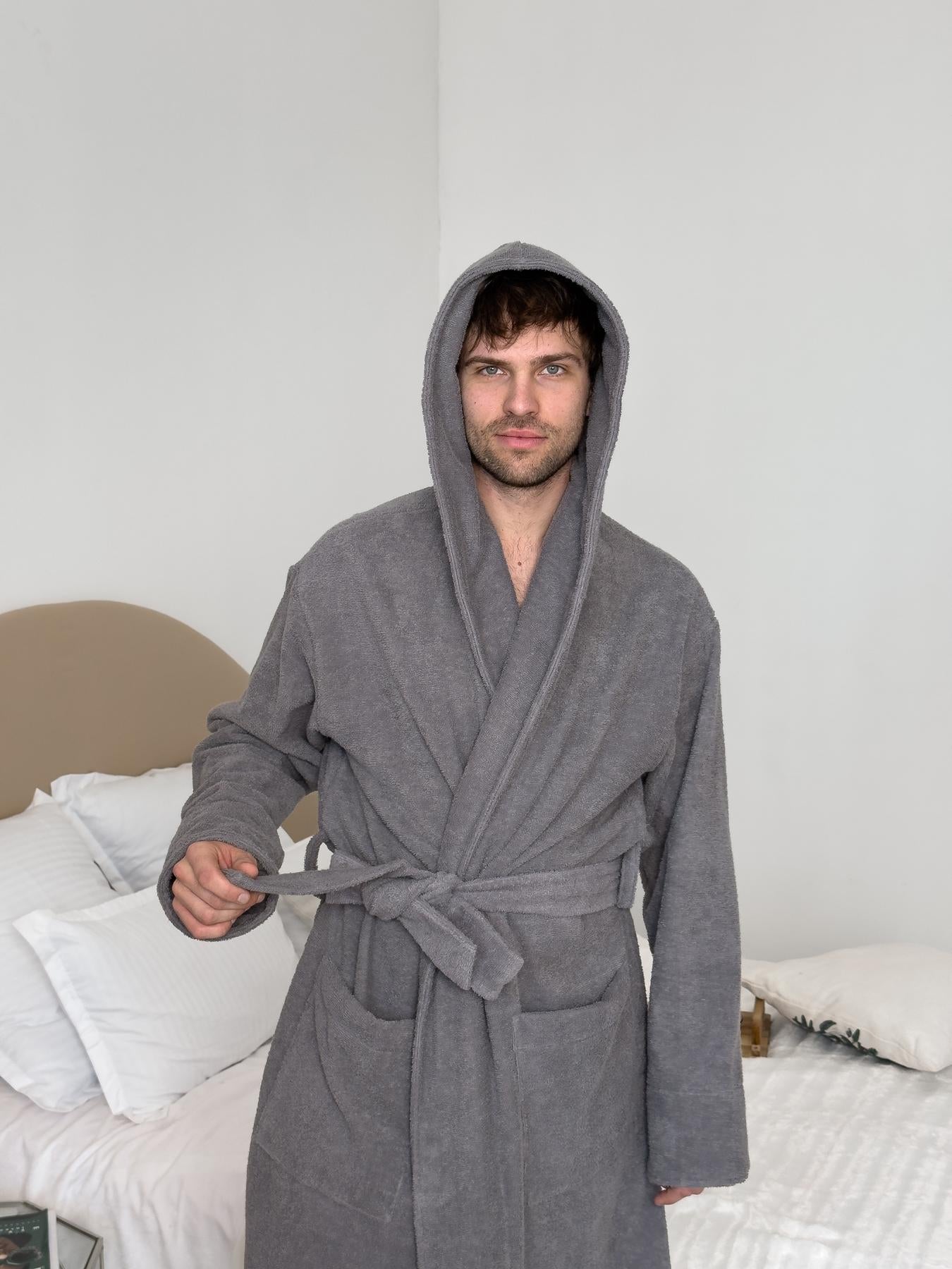 Чоловічий халат з капюшоном із махрової бавовни Fortune сірий