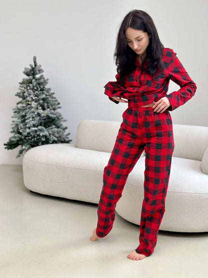 Піжама жіноча домашня жіноча у клітинку "Holly Jolly" червоно/чорна, фланель червоний — фото 4