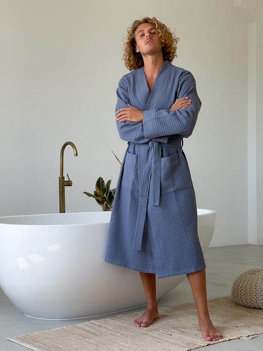 Чоловічий вафельний халат Маренго, 100% бавовна, блакитний