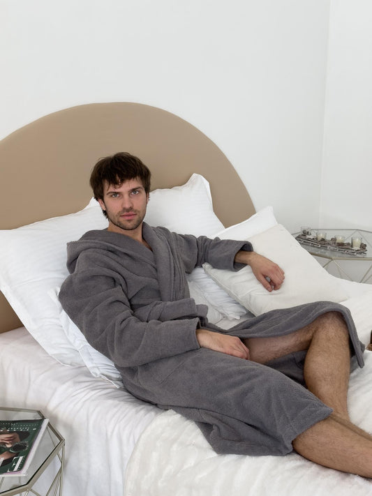 Чоловічий халат з капюшоном із махрової бавовни Fortune сірий