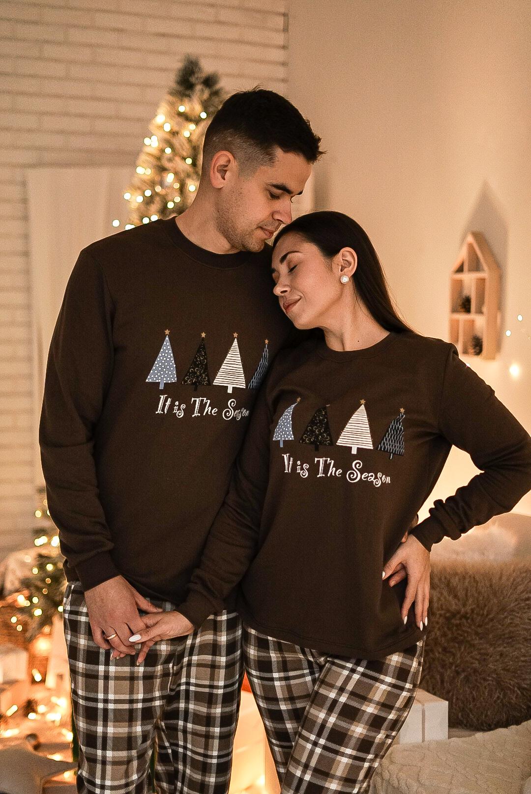 Жіноча тепла піжама “Святковий Затишок”, комплект свитшот і штани шоколадний колір з клітинкою