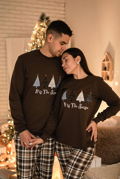 Жіноча тепла піжама “Святковий Затишок”, комплект свитшот і штани шоколадний колір з клітинкою