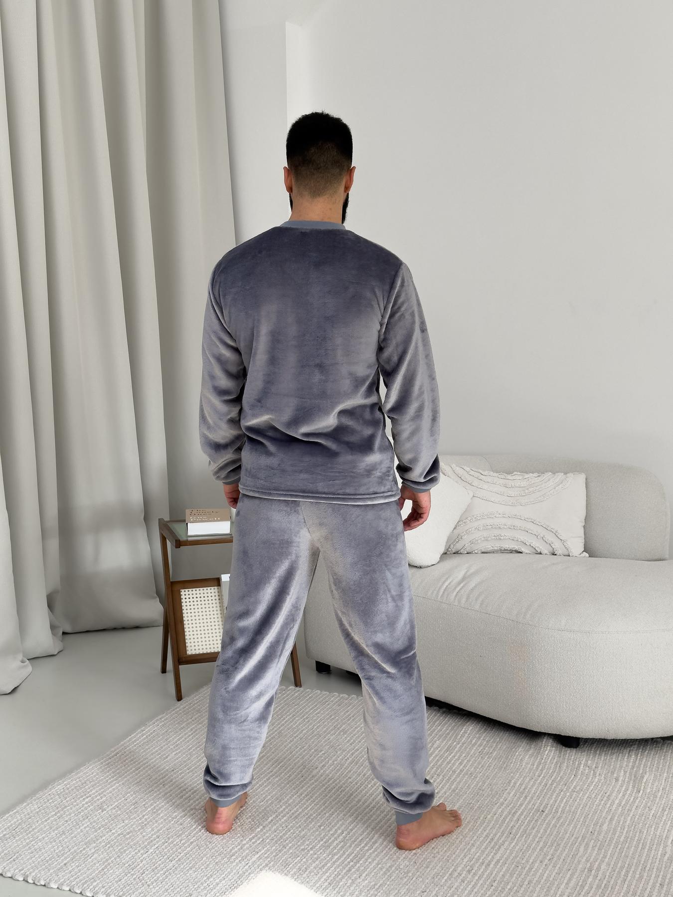 Чоловіча тепла піжама з велсофту сірого кольору з манжетами