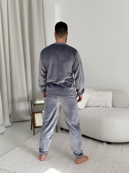 Чоловіча тепла піжама з велсофту сірого кольору з манжетами