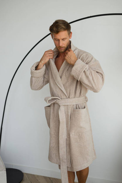 Чоловічий халат (натуральна махра) + рушник Бежевий