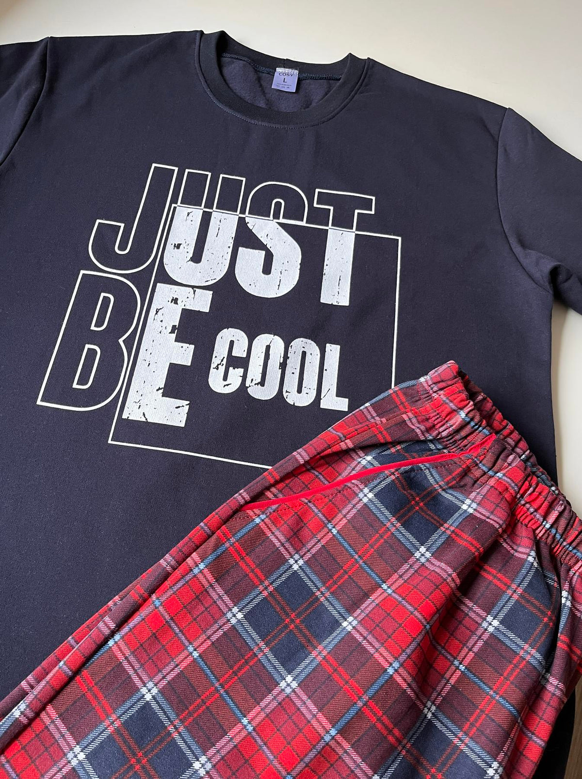 Піжама чоловіча тепла Just be COOL (штани+лонгслів) прінт, клітина червоно-синя, трикотаж червоний — фото 8