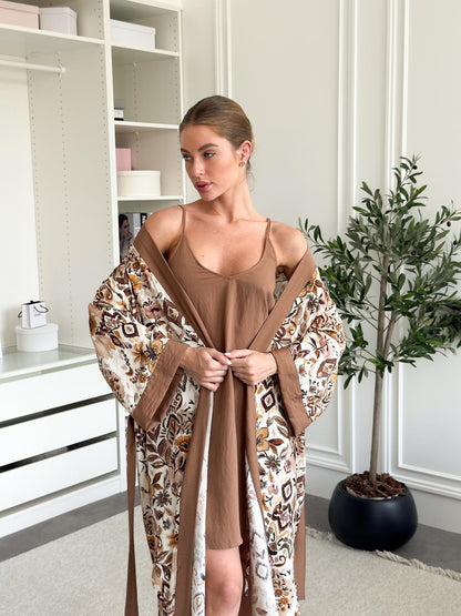Жіночий подарунковий набір Boho Chic Кориця: халат і сорочка на бретельках, коричневий