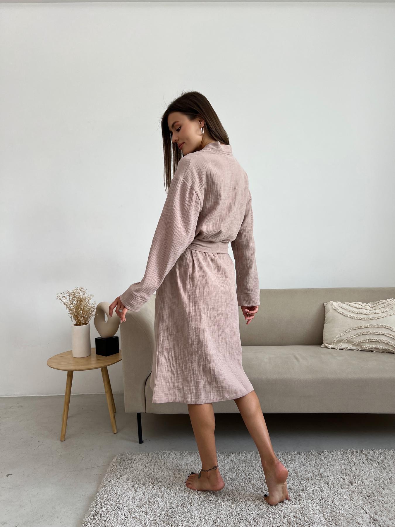 Жіночий комплект халат + сорочка з мусліну на регульованих бретелях, латте