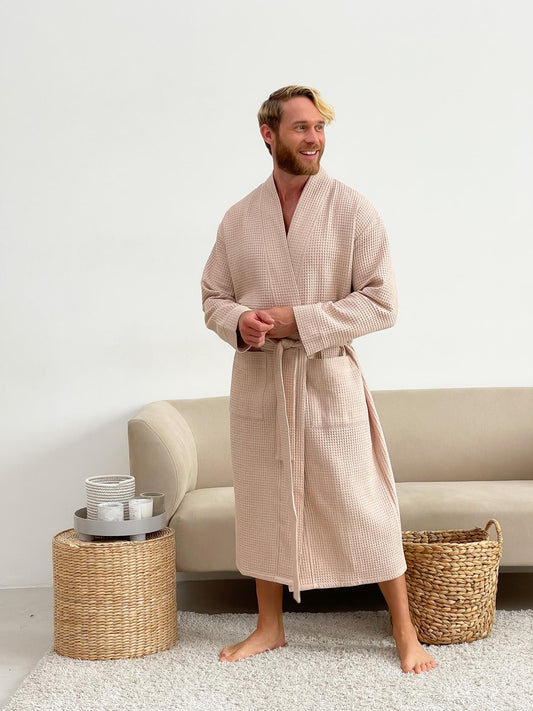 Чоловічий вафельний халат з бавовни беж