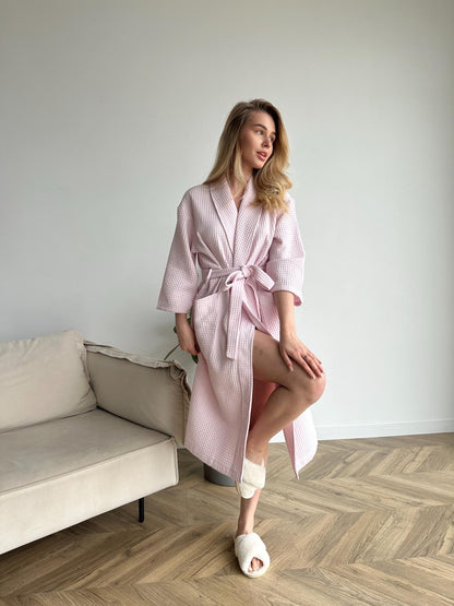 Жіночий довгий вафельний халат із шалевим коміром, світло-ліловий