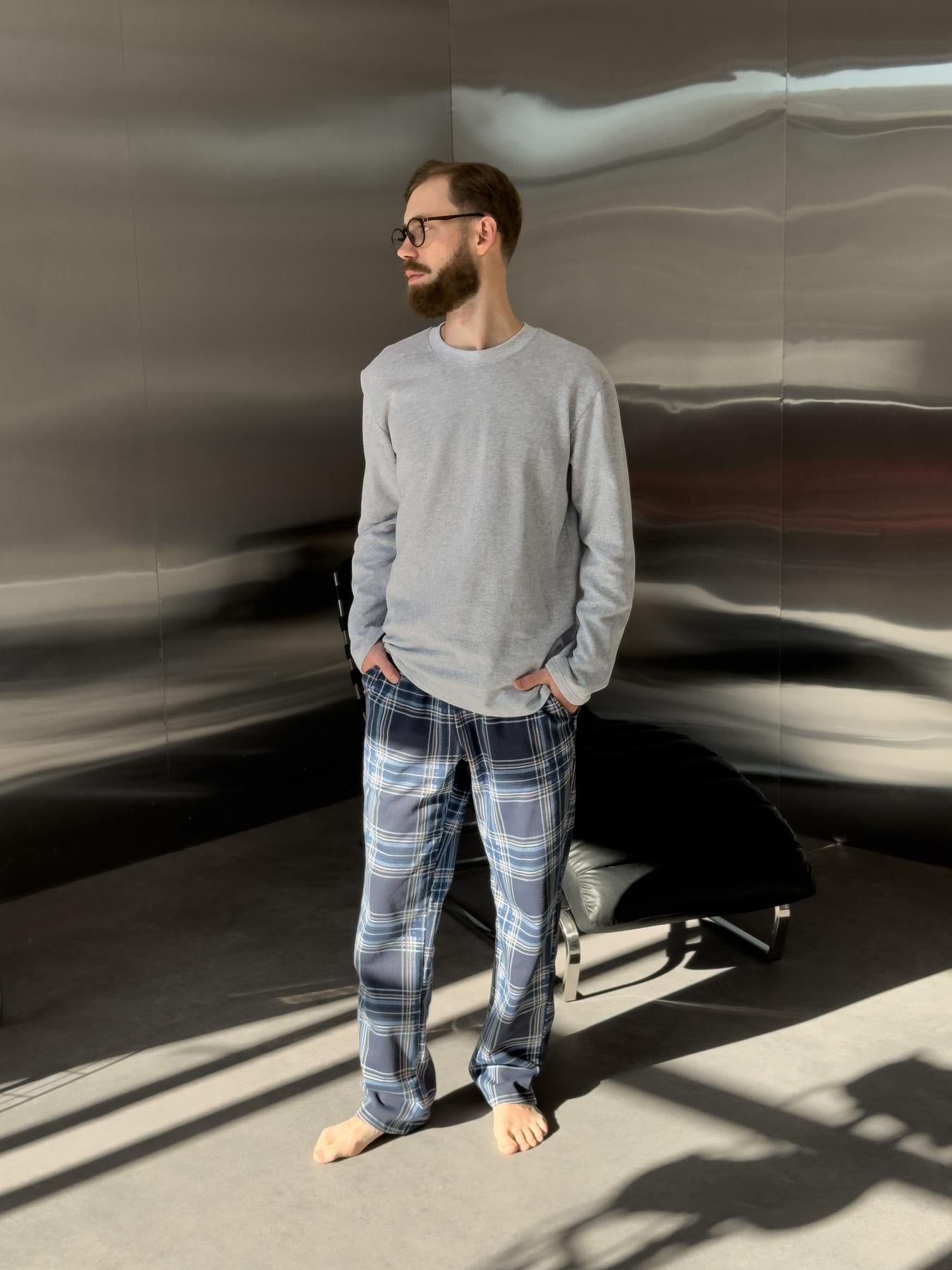 Жіноча тепла піжама з футеру з начосом, комплект лонгслів і штани синя клітинка, Скандинавія NEW