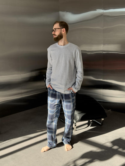 Жіноча тепла піжама з футеру з начосом, комплект лонгслів і штани синя клітинка, Скандинавія NEW