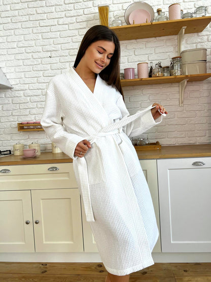 Жіночий білий вафельний халат 'Alba' з натуральної бавовни