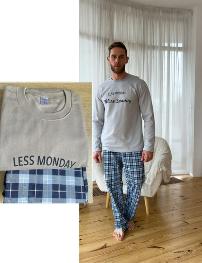 Унісекс тепла піжама Sunday з трикотажу з начосом, комплект лонгслів і штани темно-синя клітинка