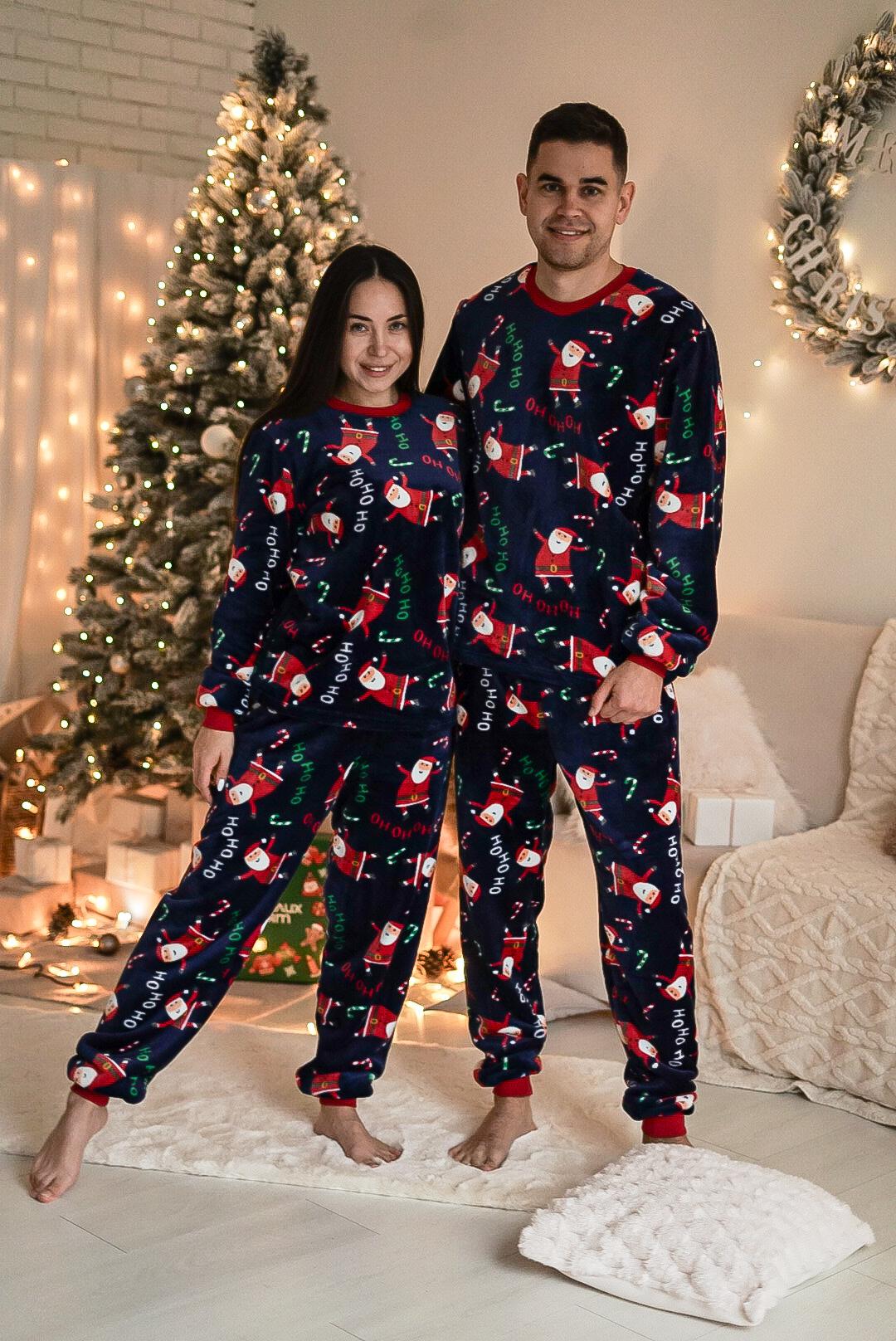 Чоловіча тепла піжама з велсофту "Santa", комплект сорочка і штани темно-синій з принтом Санта