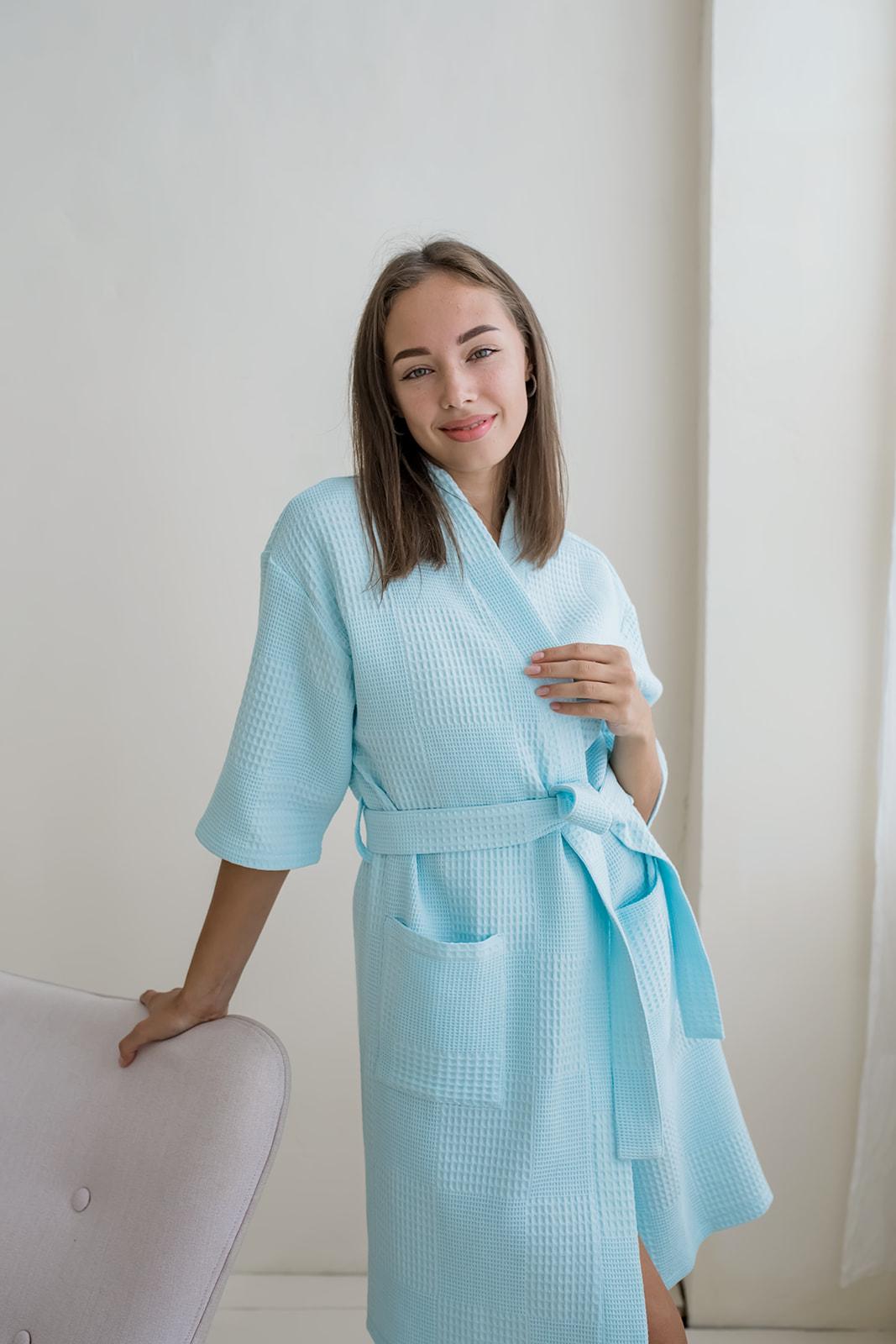 Жіночий подарунковий набір Мозаїка ментол: халат і рушник з вафельної бавовни