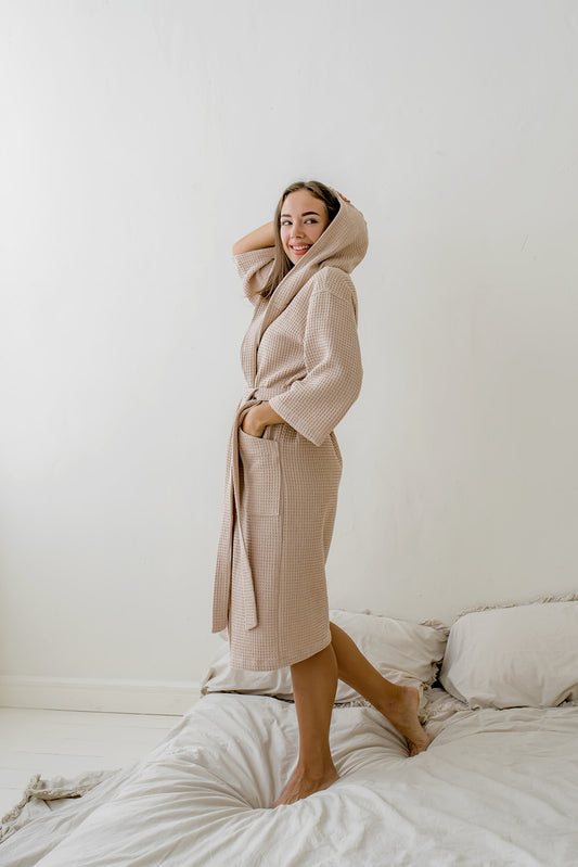 Жіночий вафельний халат із капюшоном, беж, бавовна