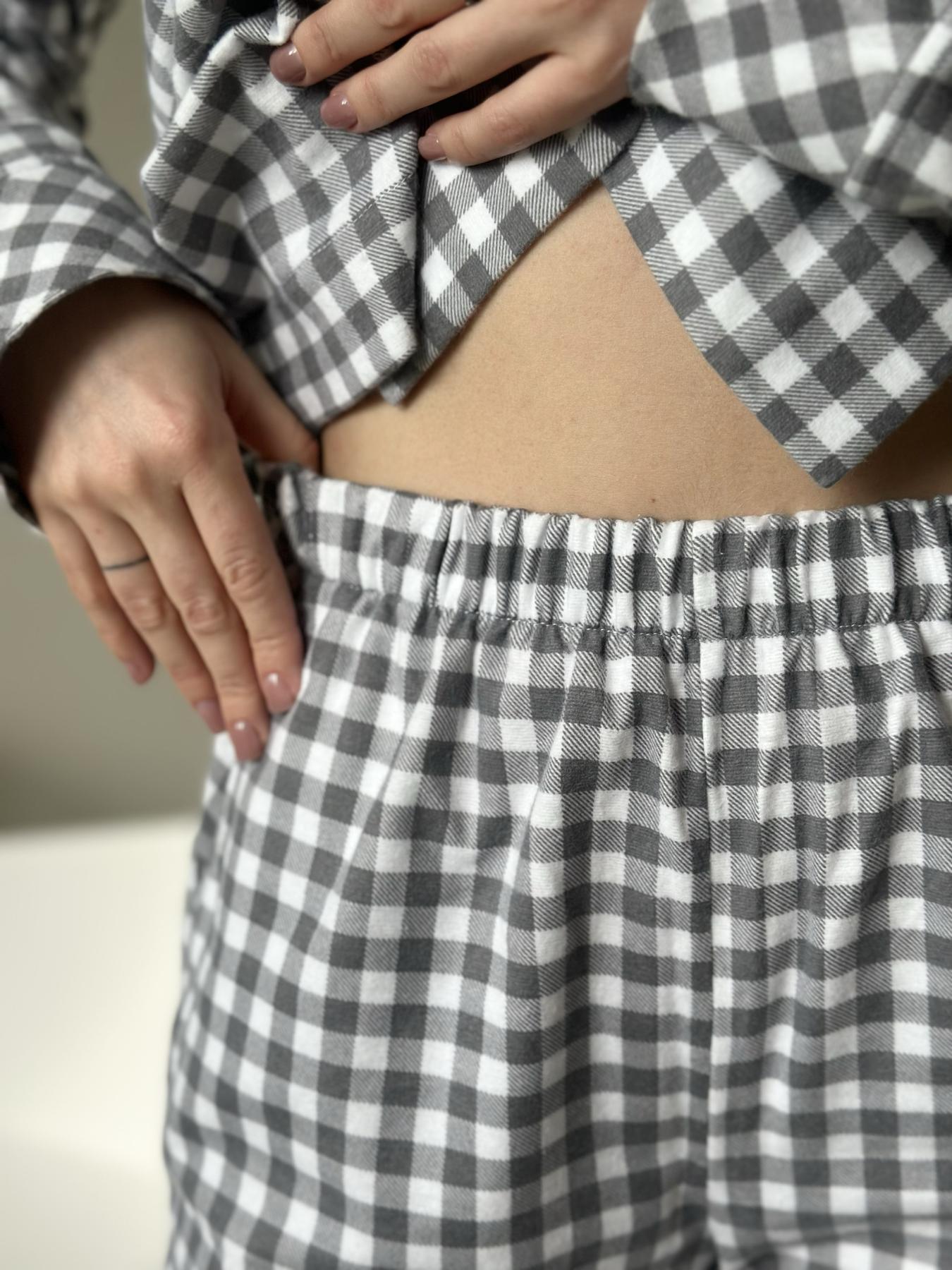 Жіноча піжама з фланелі, сіро-біла клітинка, комплект сорочка і штани