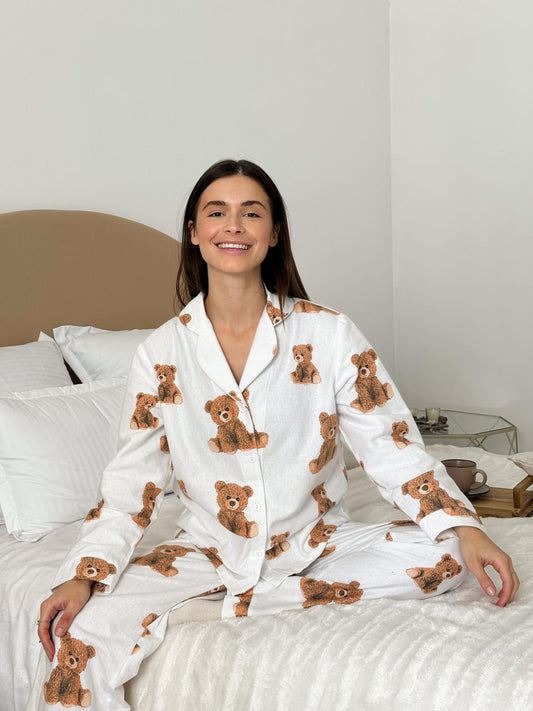 Домашня тепла жіноча піжама Тедді (сорочка+штани), фланель молочний — купити в Україні