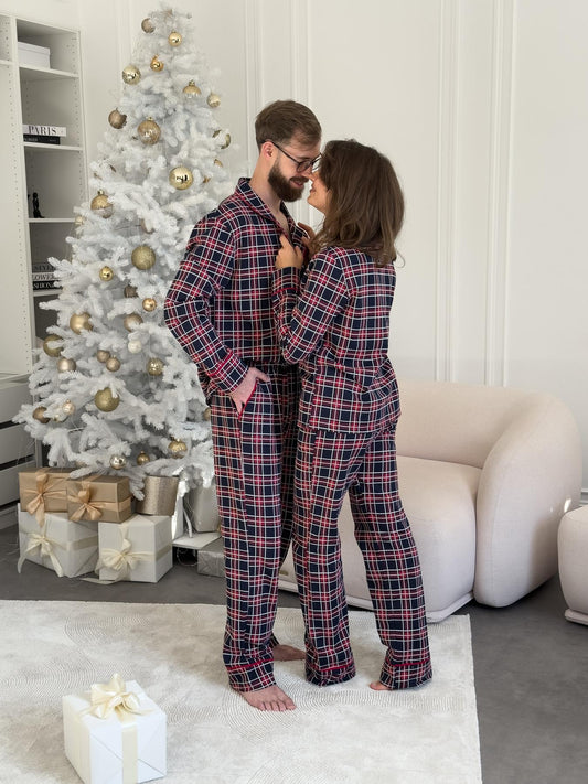 Чоловіча тепла піжама з футеру на ґудзиках з начосом червоно-синя клітинка, комплект сорочка і штани Oxford