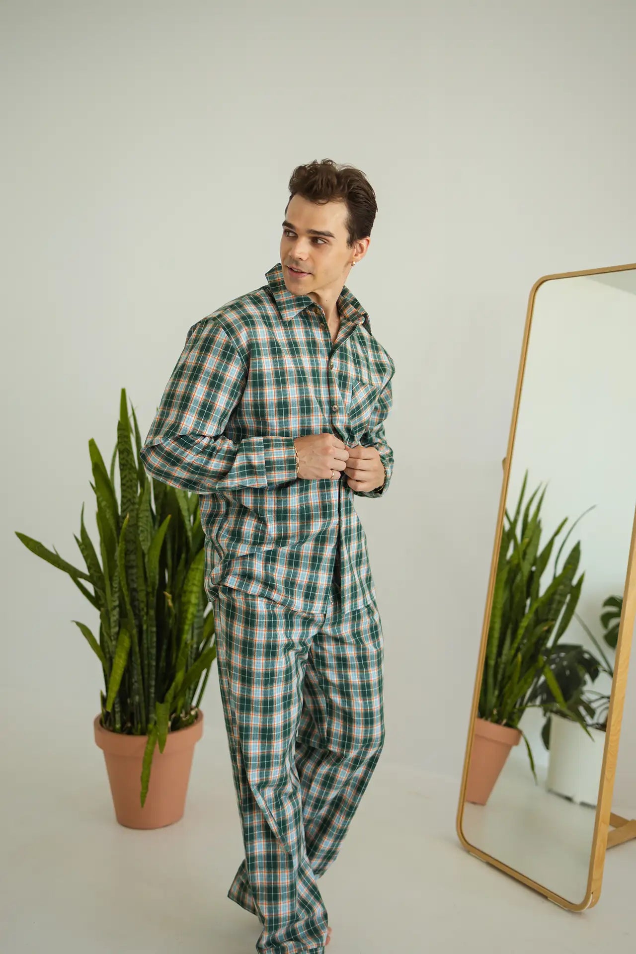 Комфортна чоловіча піжама в клітинку, байка, зелений, комплект сорочка + штани